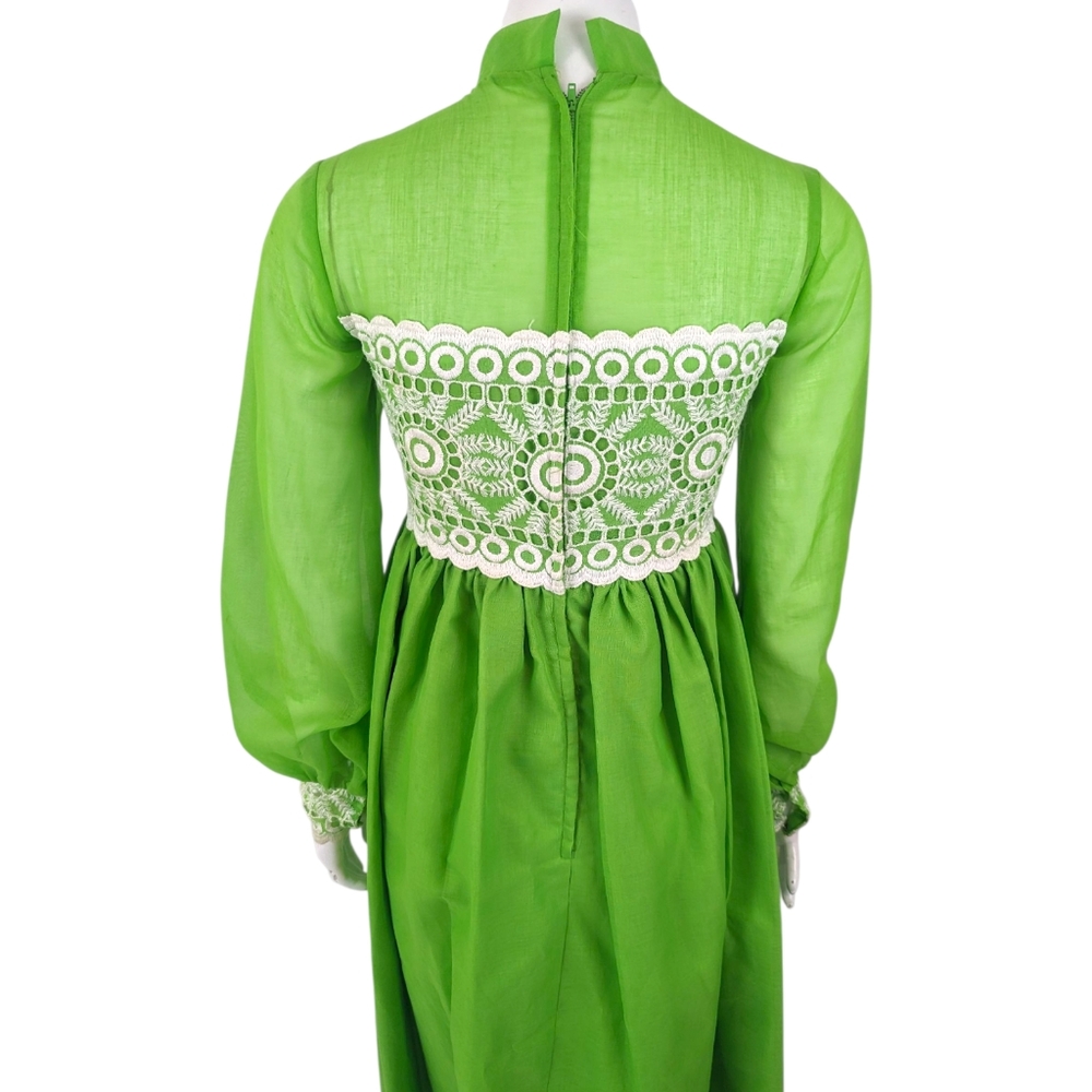 Vintage 70s Crochet Trimmed Maxi Peasant Dress Green Chiffon Overlay Womens S - Picture 5 of 14